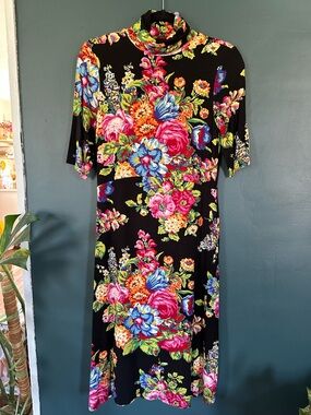 Anthropologie Black Midi Dress with Bright Pink, Blue and Green Floral Print